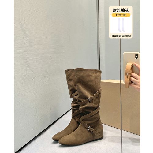 【苏茵茵】挪威堆堆靴~5cm内增高交叉扣带中高筒牛仔长靴女E5419008主图