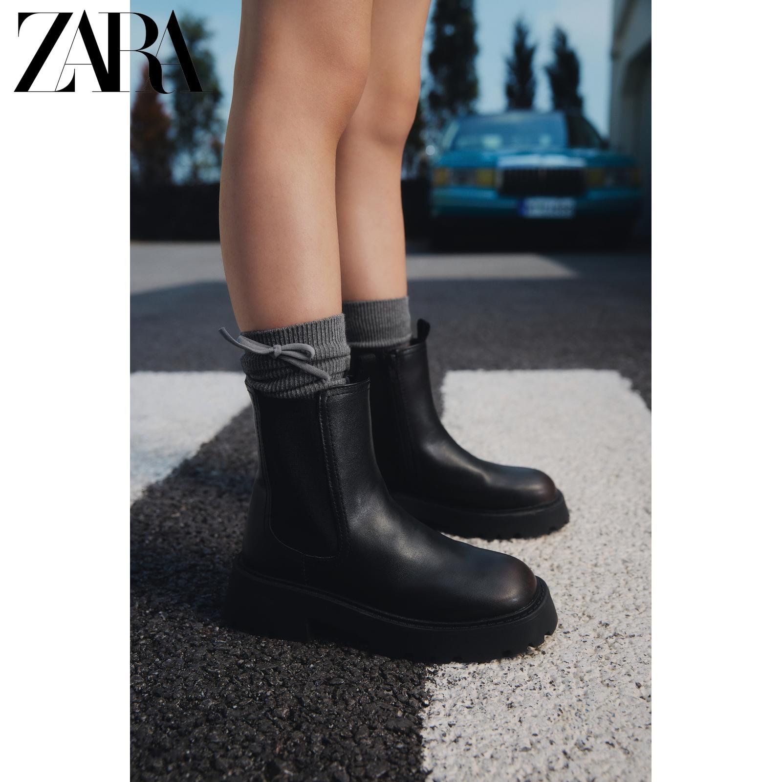 ZARA2025秋季新品 儿童鞋女童 黑色擦色休闲短靴 2113630 800主图