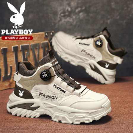 花花公子马丁靴男秋季运动休闲高帮男靴中帮旋转纽扣复古工装潮靴