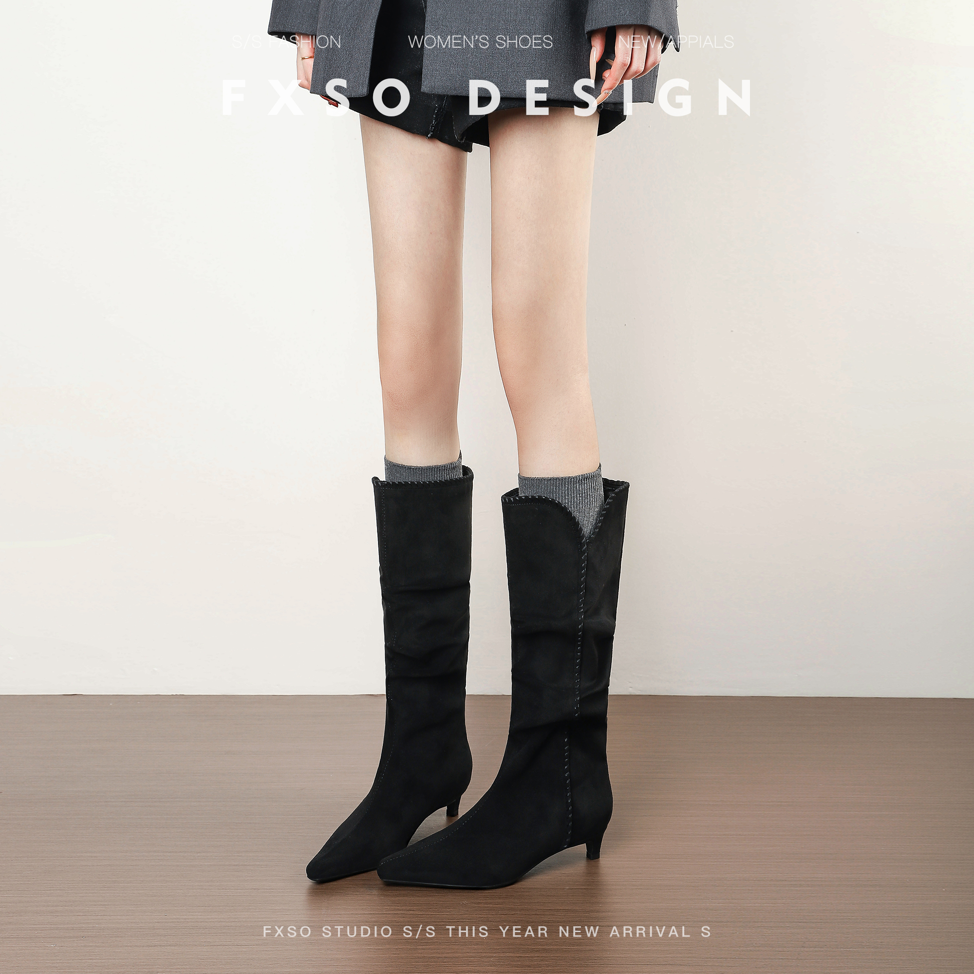 真皮方巷大叔2025秋季新款法式气质爆款V口显瘦猫跟骑士马丁靴女主图