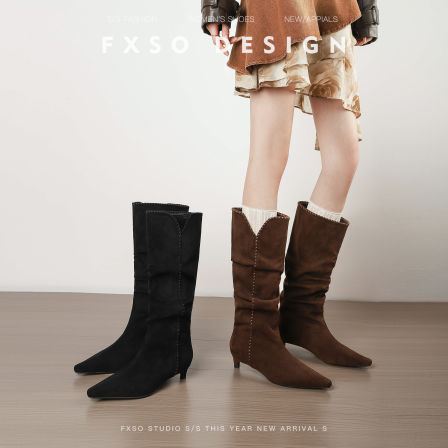 真皮方巷2025秋季新款法式车缝线骑士马丁靴女爆款V口显瘦高筒靴