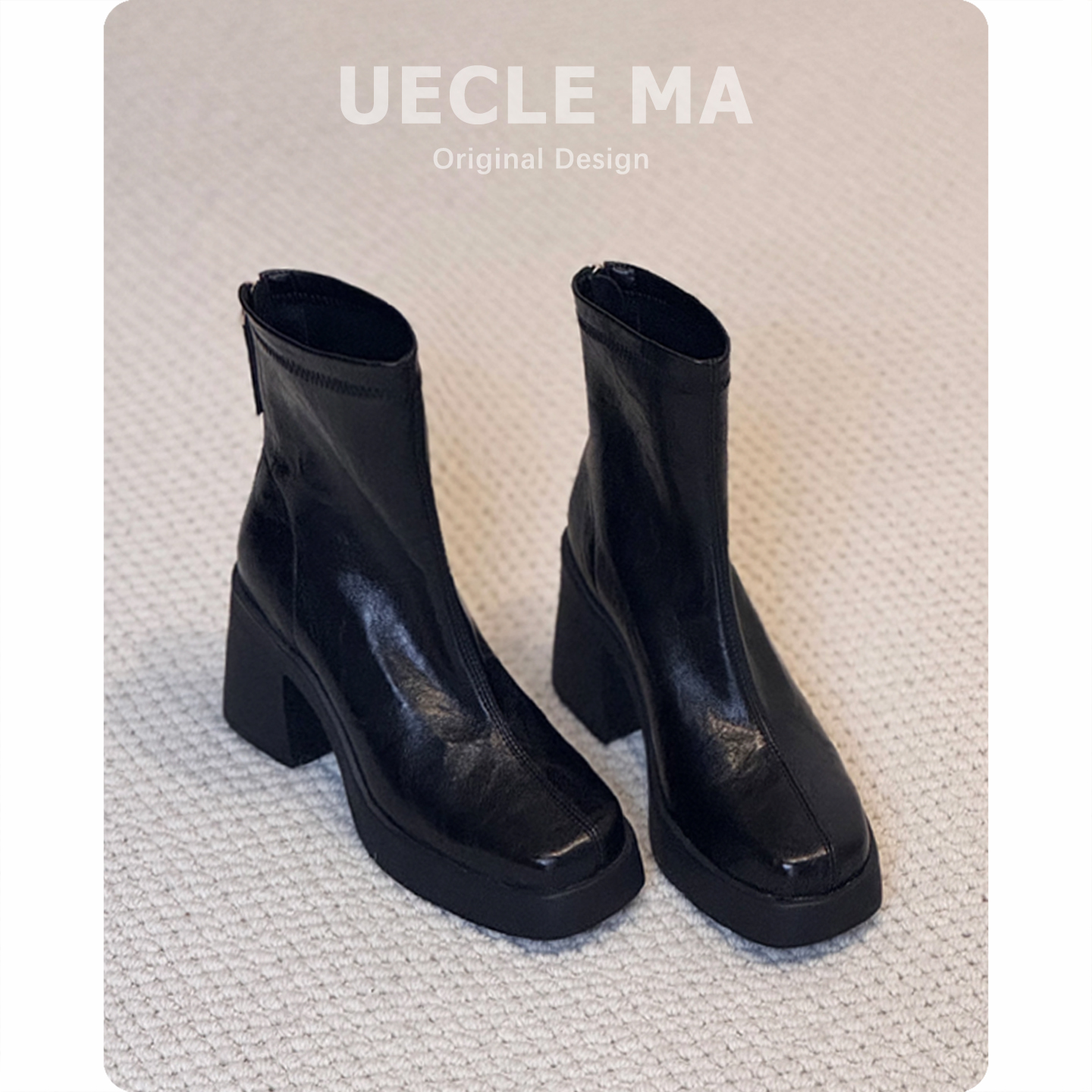 牛皮版~增高厚底短靴女小个子高跟鞋粗跟马丁靴子法式方头瘦瘦靴主图