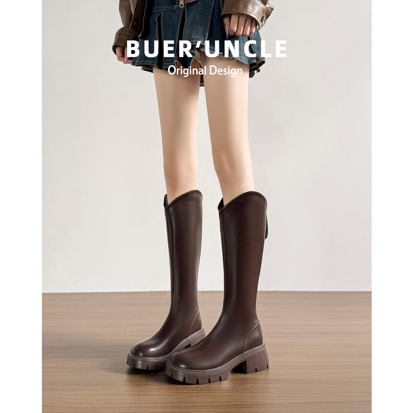 真皮版！长筒靴女2025新款秋冬季V口显瘦粗跟不过膝高筒骑士长靴主图