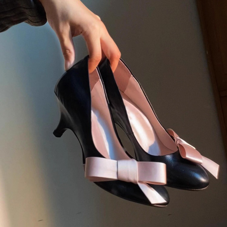 羊皮版~法式复古蝴蝶结浅口单鞋女2025新款真皮配裙子细跟高跟鞋主图