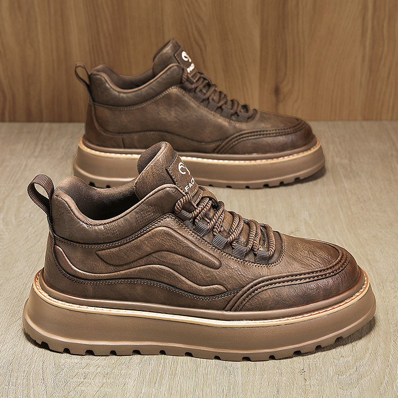 2025新款秋季鞋子男潮鞋百搭休闲鞋中帮轻便棕色轻便厚底板鞋男鞋主图