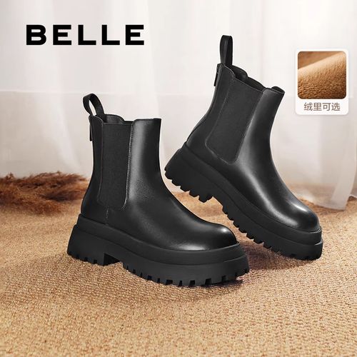 百丽厚底切尔西靴女鞋冬季时尚百搭软底英伦风短增高靴加绒烟筒靴主图