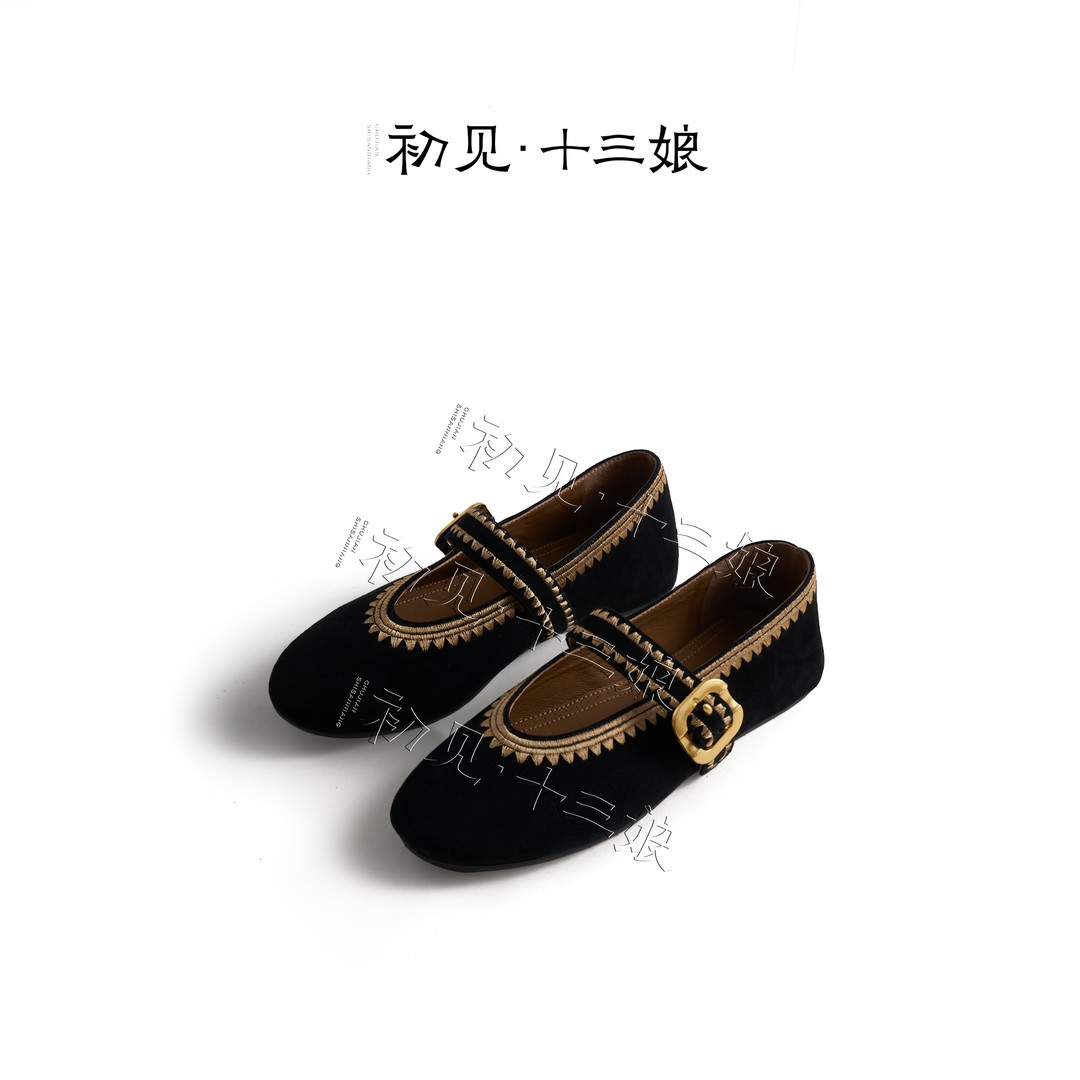 『十三娘』羊皮平底鞋国风百搭日常简约款进口羊京电镀工艺主图