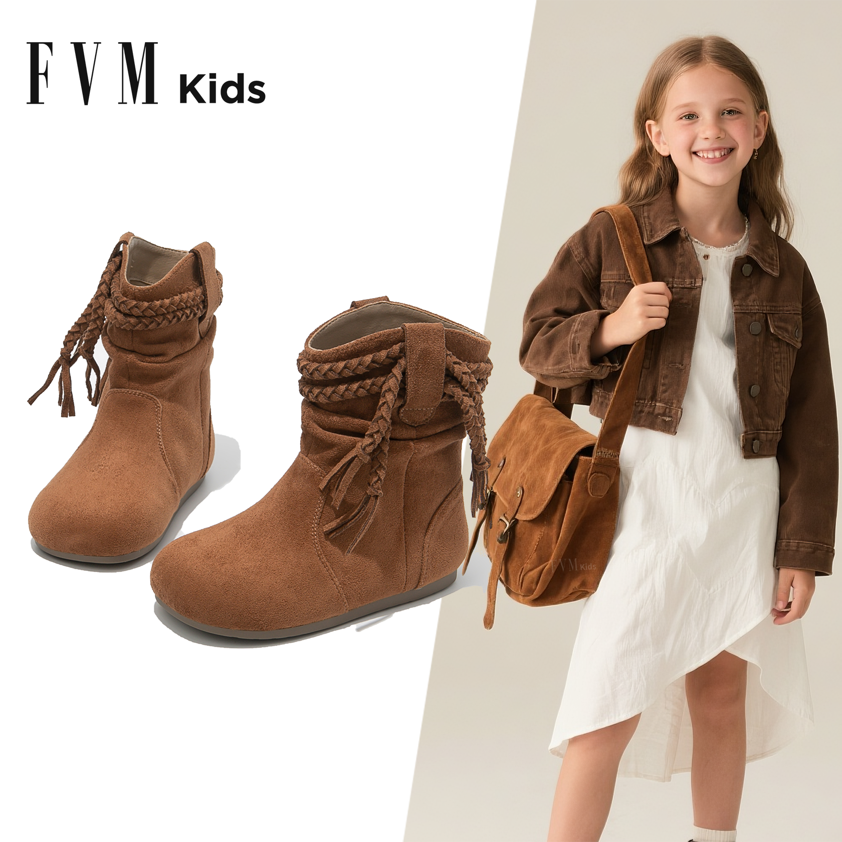 女童靴子儿童公主马丁靴2025新款秋冬季中筒勃肯流苏堆堆皮靴洋气主图