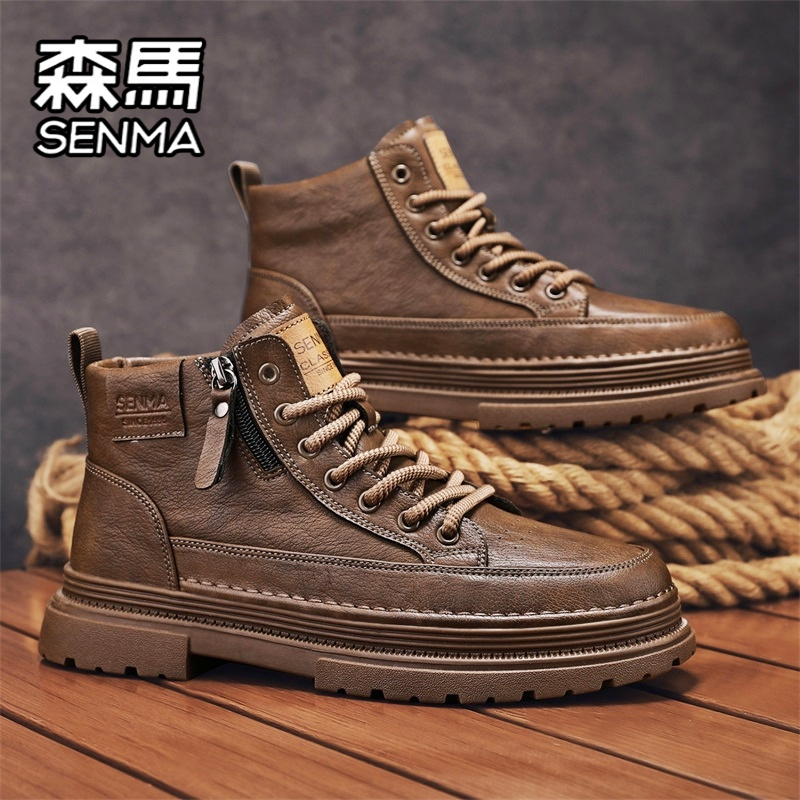 森马马丁靴男鞋秋季高帮英伦风复古工装靴运动厚底真皮防水平板鞋主图