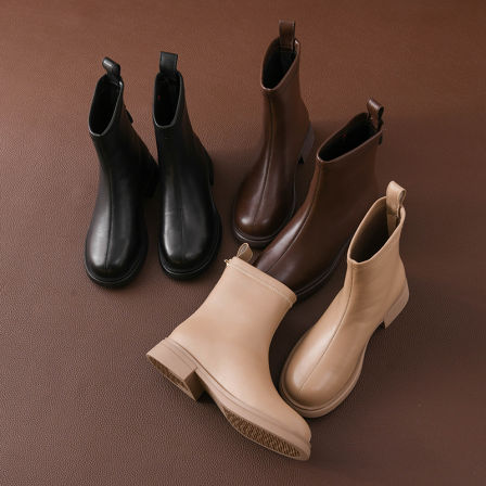 经典百搭英伦风羊皮短靴纯色新款气质真皮后拉链时尚靴中跟女鞋