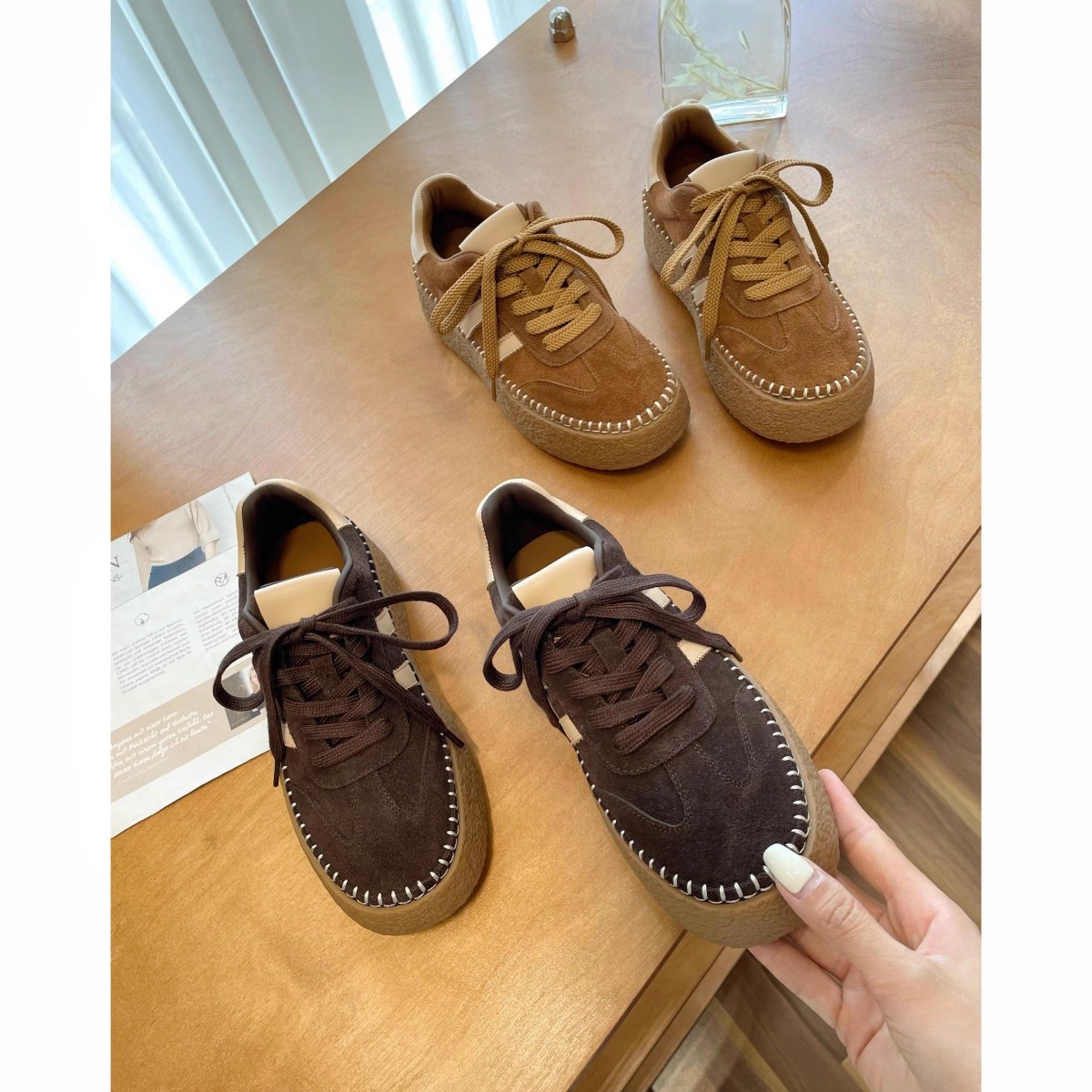 基础升JI~厚底德训！简约版型加厚增高头层牛皮复古拼接休闲鞋女主图