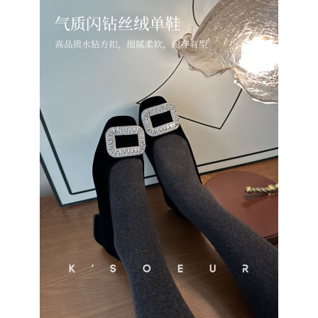 K姐 私家晚宴闪钻丝绒单鞋 时尚方扣气质百搭通勤女鞋