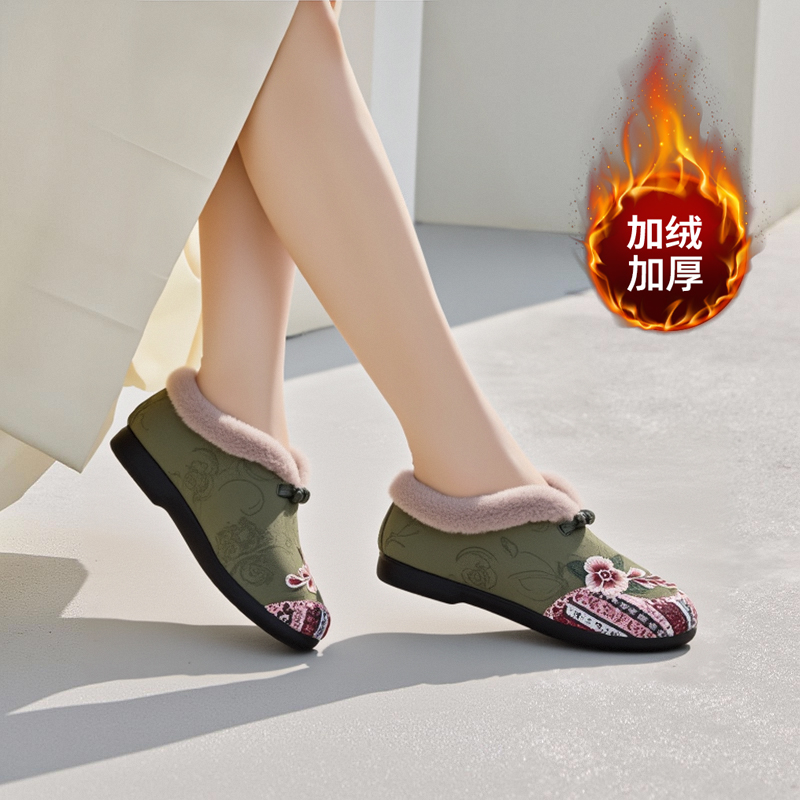张凯丽老人棉鞋女冬季加绒一脚蹬妈妈鞋中老年舒适软底绣花毛毛鞋主图