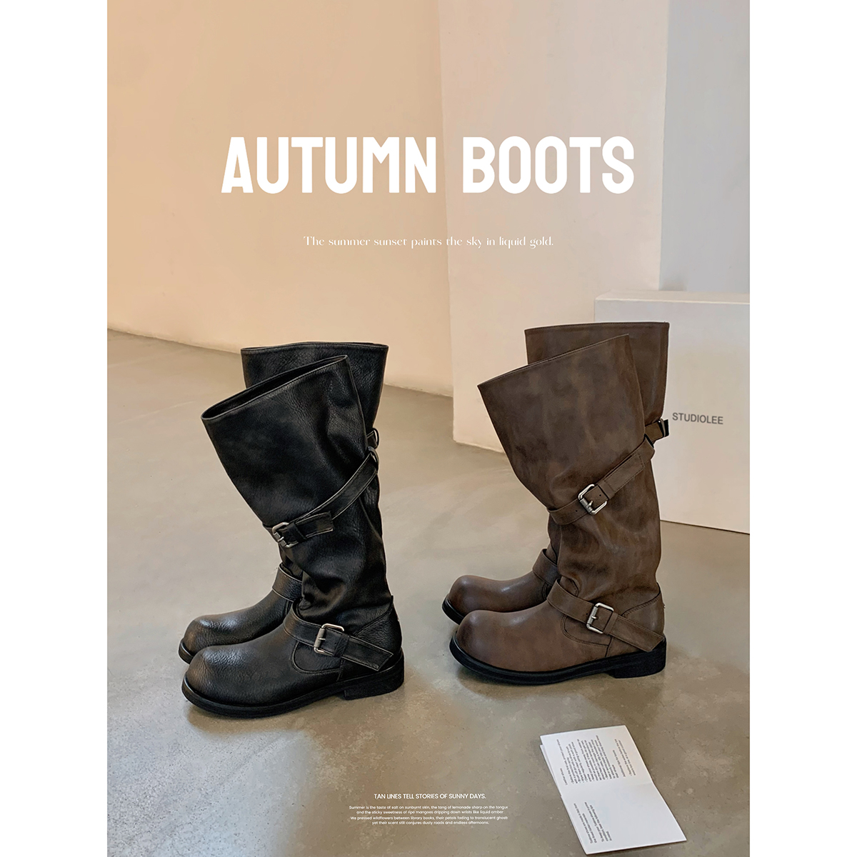 葡萄妈studiolee宽筒大筒围圆头裤管靴粗跟厚底中长筒骑士靴女主图