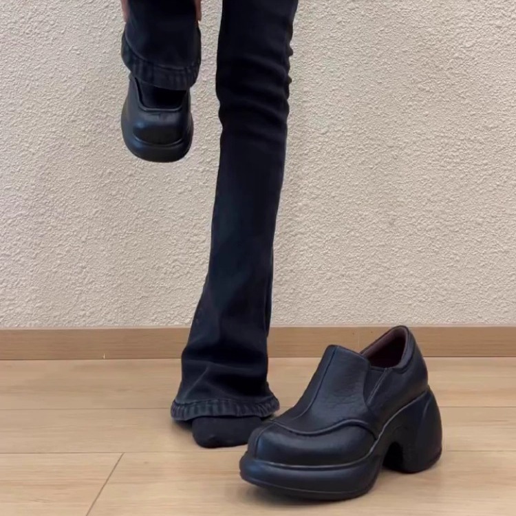 羊皮版~简约时尚圆头松紧带深口小皮鞋女真皮不累脚增高厚底单鞋主图