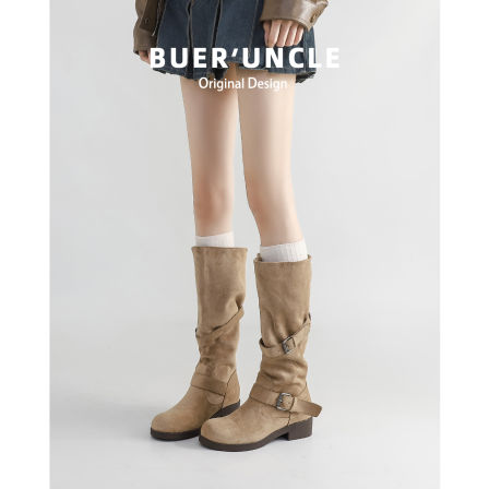 羊皮版！长筒靴女2025新款皮带扣美拉德复古褶皱不过膝高筒长靴