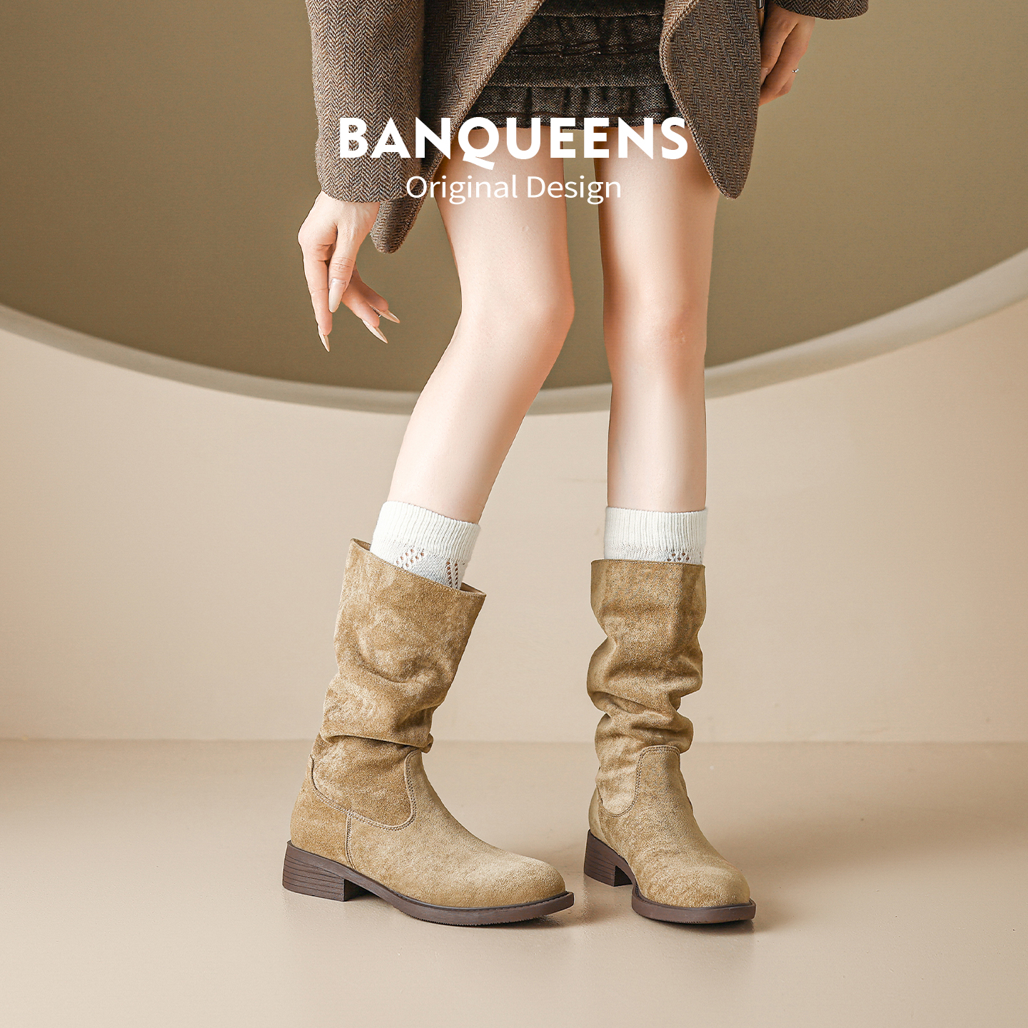 真皮！半曲美拉德短靴子2025新款中筒靴靴褶皱堆堆靴卡其色牛仔靴主图