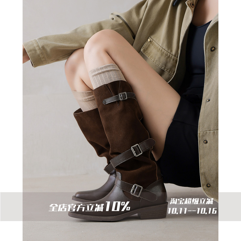 FairyWink 布列斯特～！复古麂皮西部靴女长筒靴褶皱堆堆靴骑士靴主图