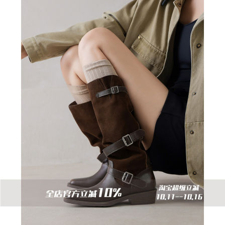 FairyWink 布列斯特～！复古麂皮西部靴女长筒靴褶皱堆堆靴骑士靴