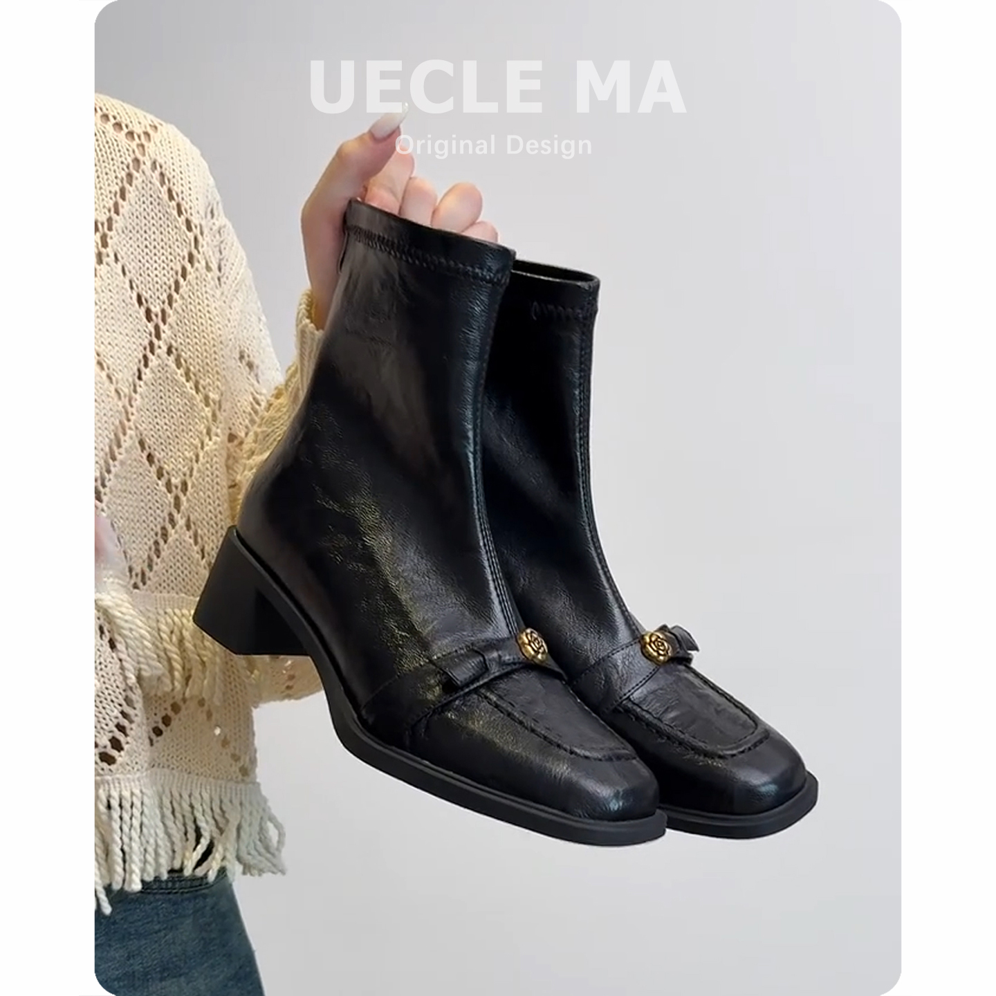 牛皮版~粗跟方头短靴女秋冬新款气质通勤瘦瘦靴不累脚百搭马丁靴主图