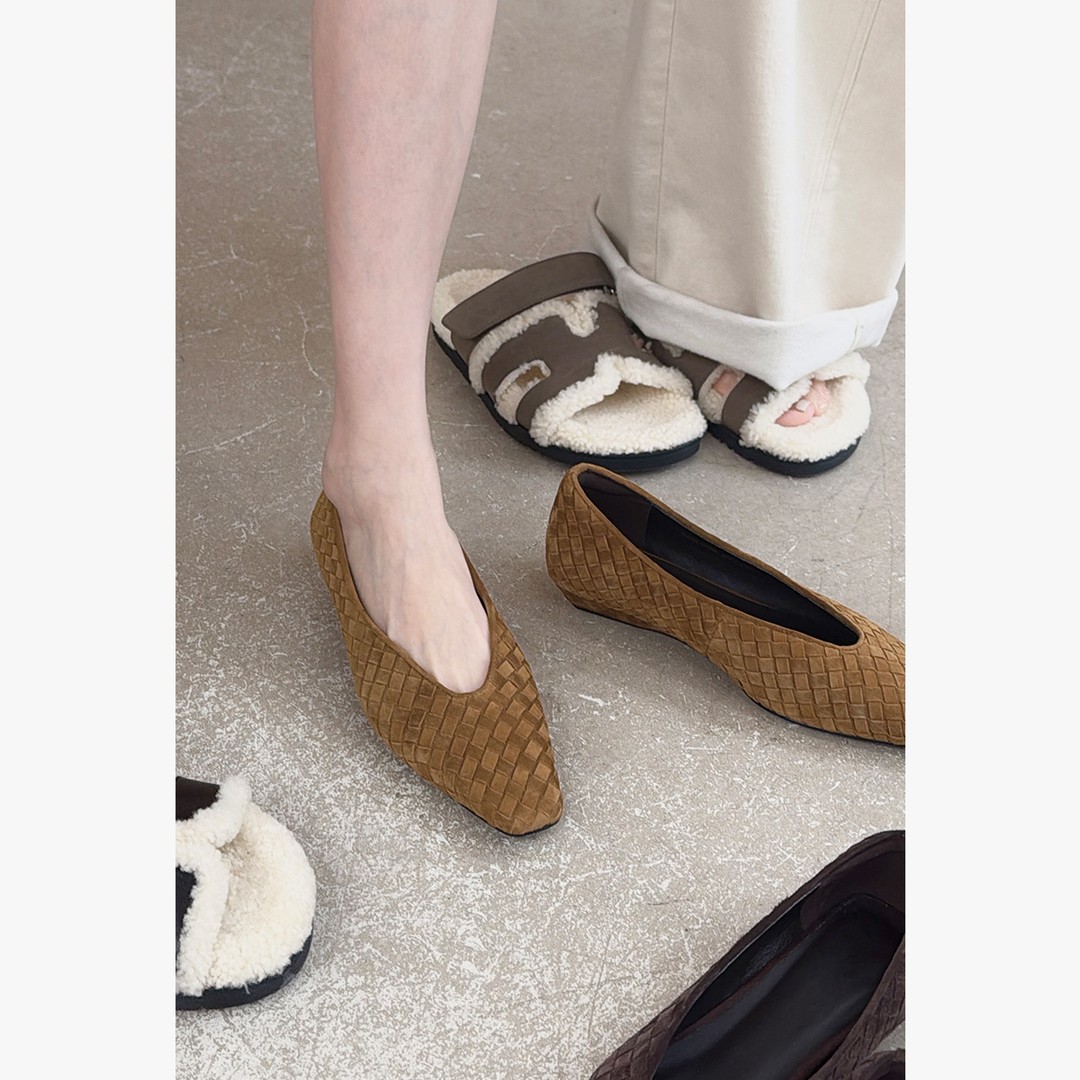 【法式编织低】跟：3cm，2025年新款法式编织低跟厚款尖头单鞋1736主图