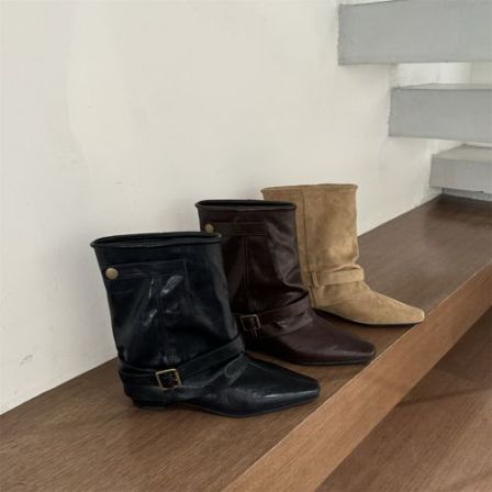 粗跟咖色美拉德短靴女靴子2025秋冬季尖头裤管靴堆堆靴西部牛仔靴