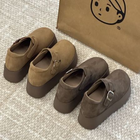 晚睡兰•内增高9.5cm牛皮版厚底增高勃肯鞋女复古一脚蹬丑萌大头