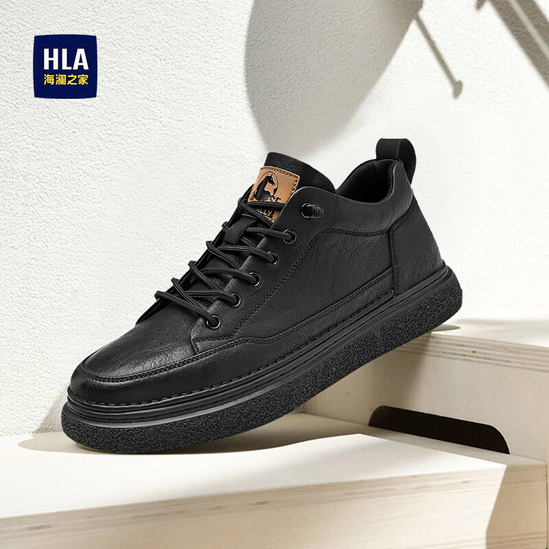 海澜之家男鞋秋冬加绒纯黑皮鞋男商务舒适软底软皮中帮休闲爸爸鞋主图