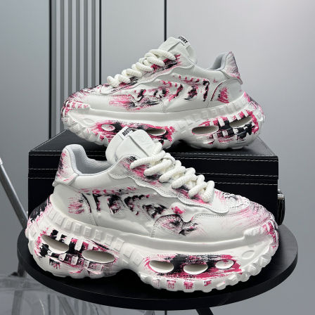 擦色涂鸦鞋子男2025秋冬新款超火老爹鞋小众厚底内增高运动休闲鞋