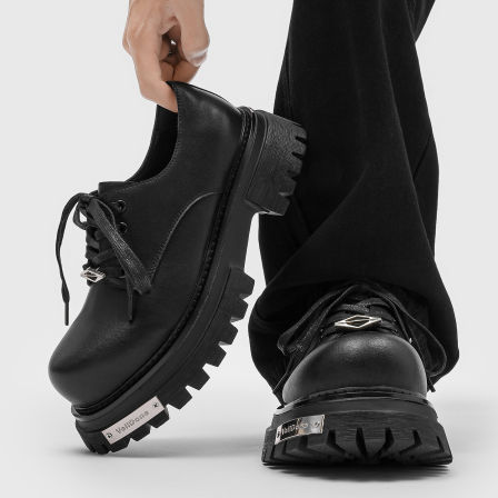 新款德比鞋男秋冬通勤休闲厚底增高黑色米奇铁扣小众设计大头皮鞋