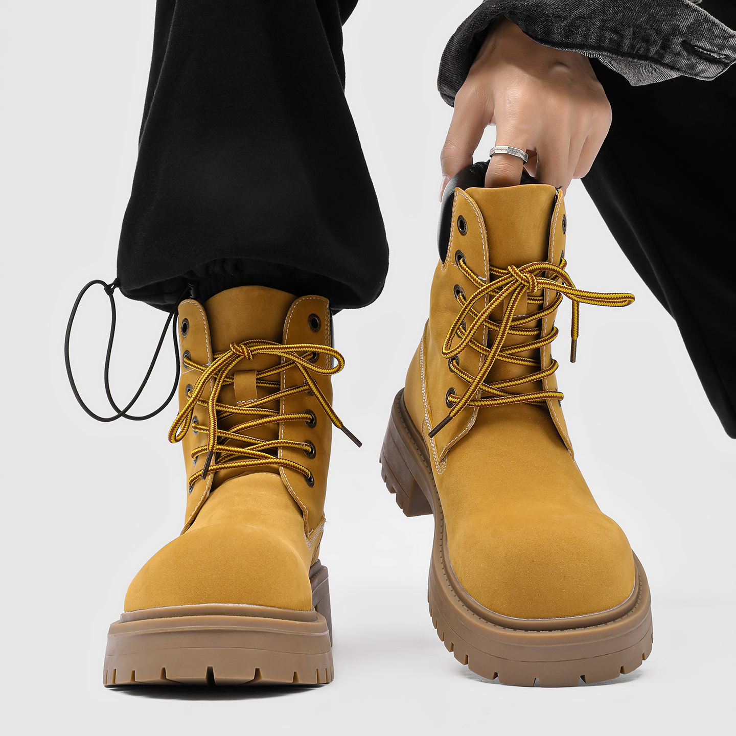厚底大黄靴男高帮德比大头机车马丁靴美式复古户外登山鞋工装靴子主图