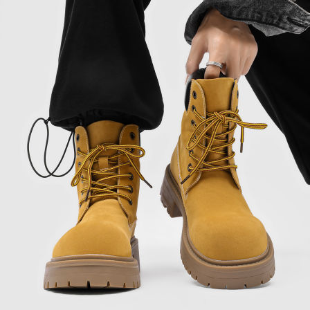 厚底大黄靴男高帮德比大头机车马丁靴美式复古户外登山鞋工装靴子
