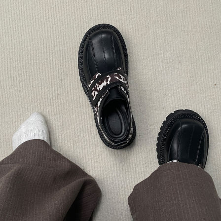 小众自制德比鞋拼色真皮魔术贴夜店小皮鞋男女圆头一脚蹬休闲粗跟