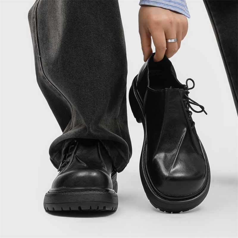 方头斜系带德比鞋男cleanfit休闲商务褶皱黑色通勤厚底增高乐福鞋主图