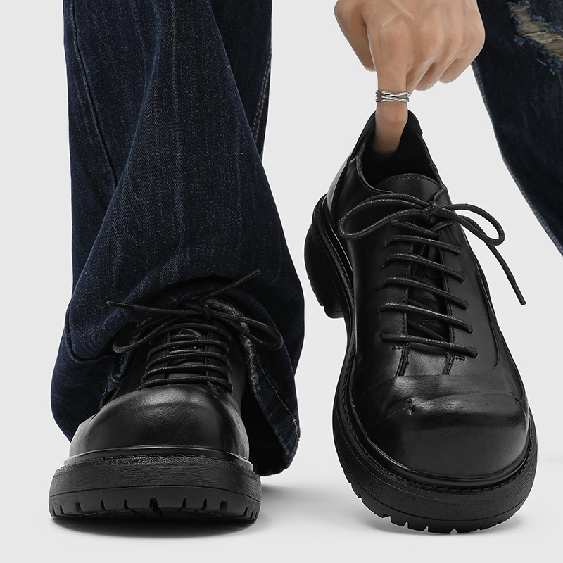 新款皮鞋男Cleanfit大头德比鞋厚底增高手工褶皱黑色复古乐福鞋潮主图