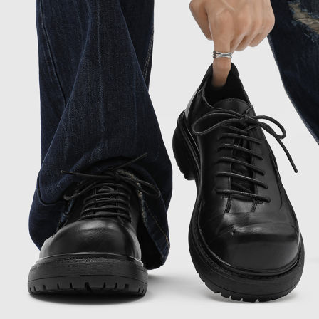 新款皮鞋男Cleanfit大头德比鞋厚底增高手工褶皱黑色复古乐福鞋潮