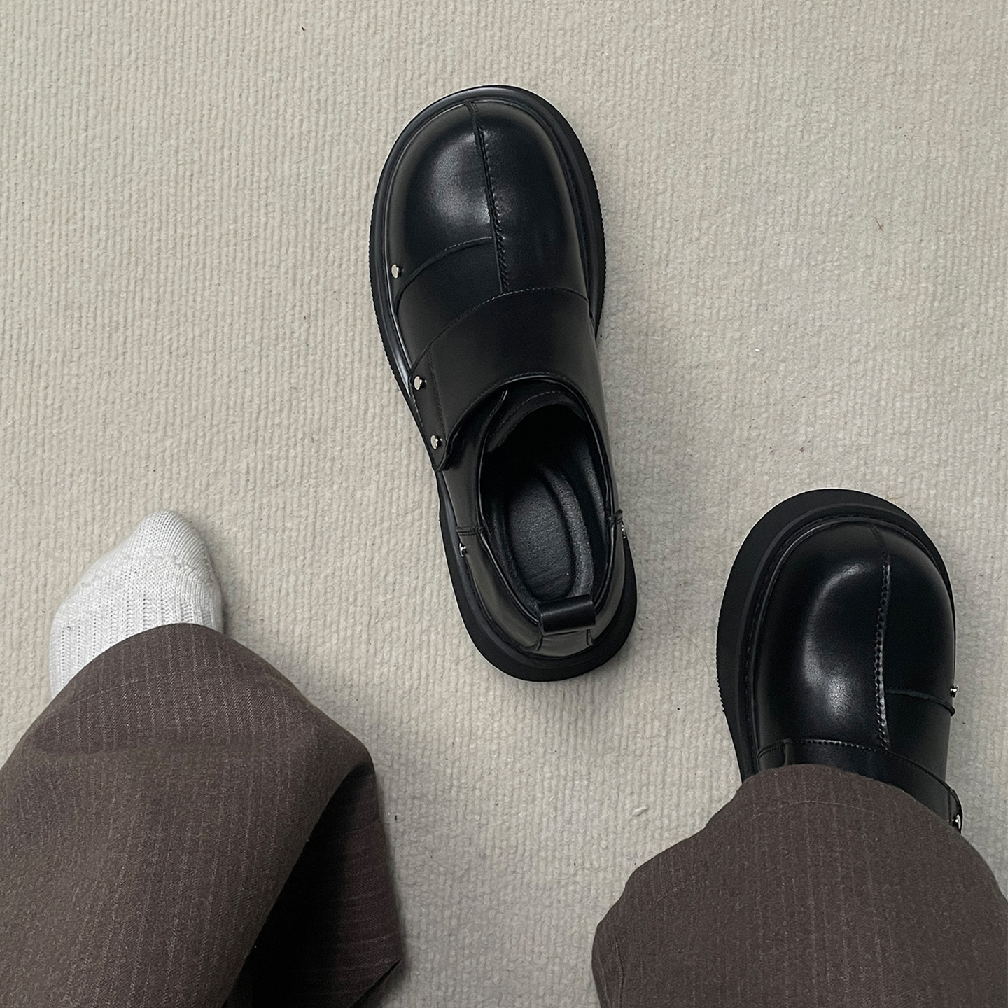 原创设计翘头德比鞋男高级感厚底增高魔术贴一脚蹬乐福鞋休闲皮鞋主图