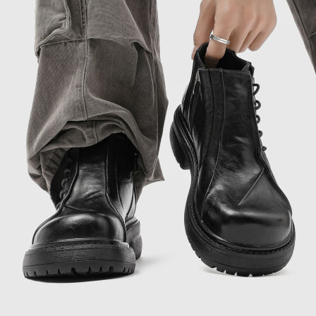 褶皱德比鞋男款黑色春秋大头高帮皮鞋英伦风高级感通勤马丁靴潮鞋