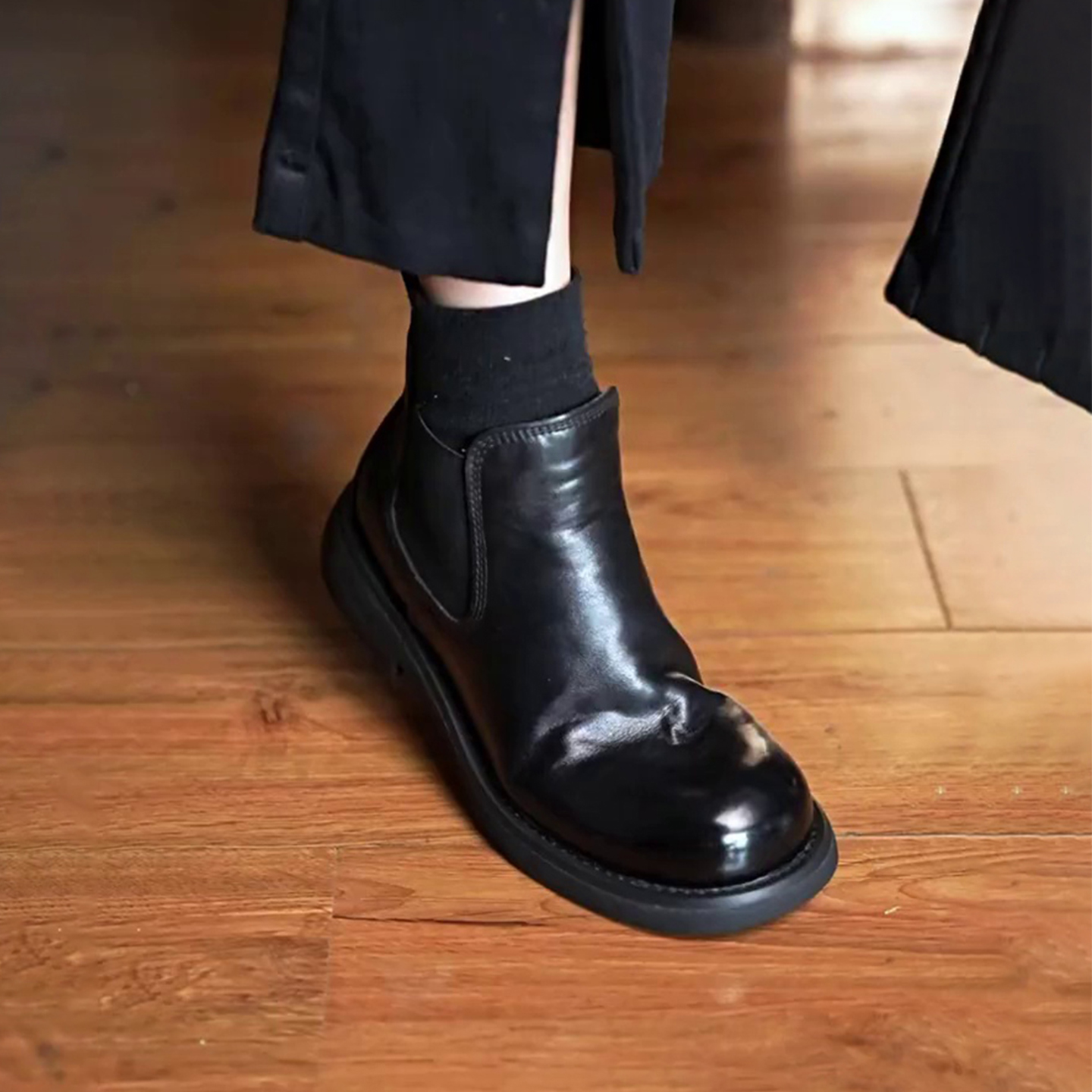 牛皮版~圆头一脚蹬切尔西靴粗跟小短靴显瘦套筒复古弹力马丁靴女主图