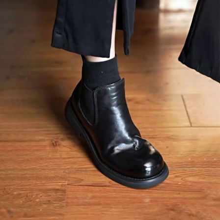 牛皮版~圆头一脚蹬切尔西靴粗跟小短靴显瘦套筒复古弹力马丁靴女