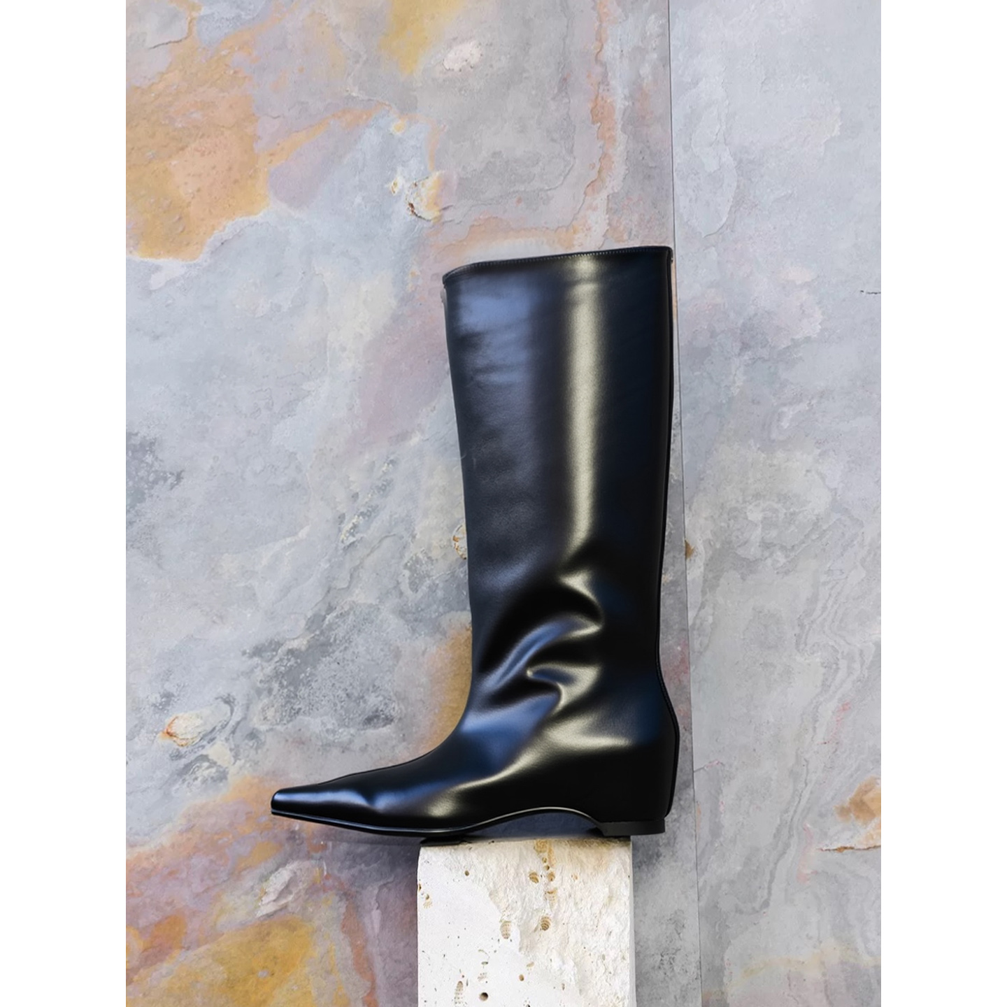 Ls' rommors 牛皮 内增高锥形跟大筒围高筒时装靴尖头长筒骑士靴主图