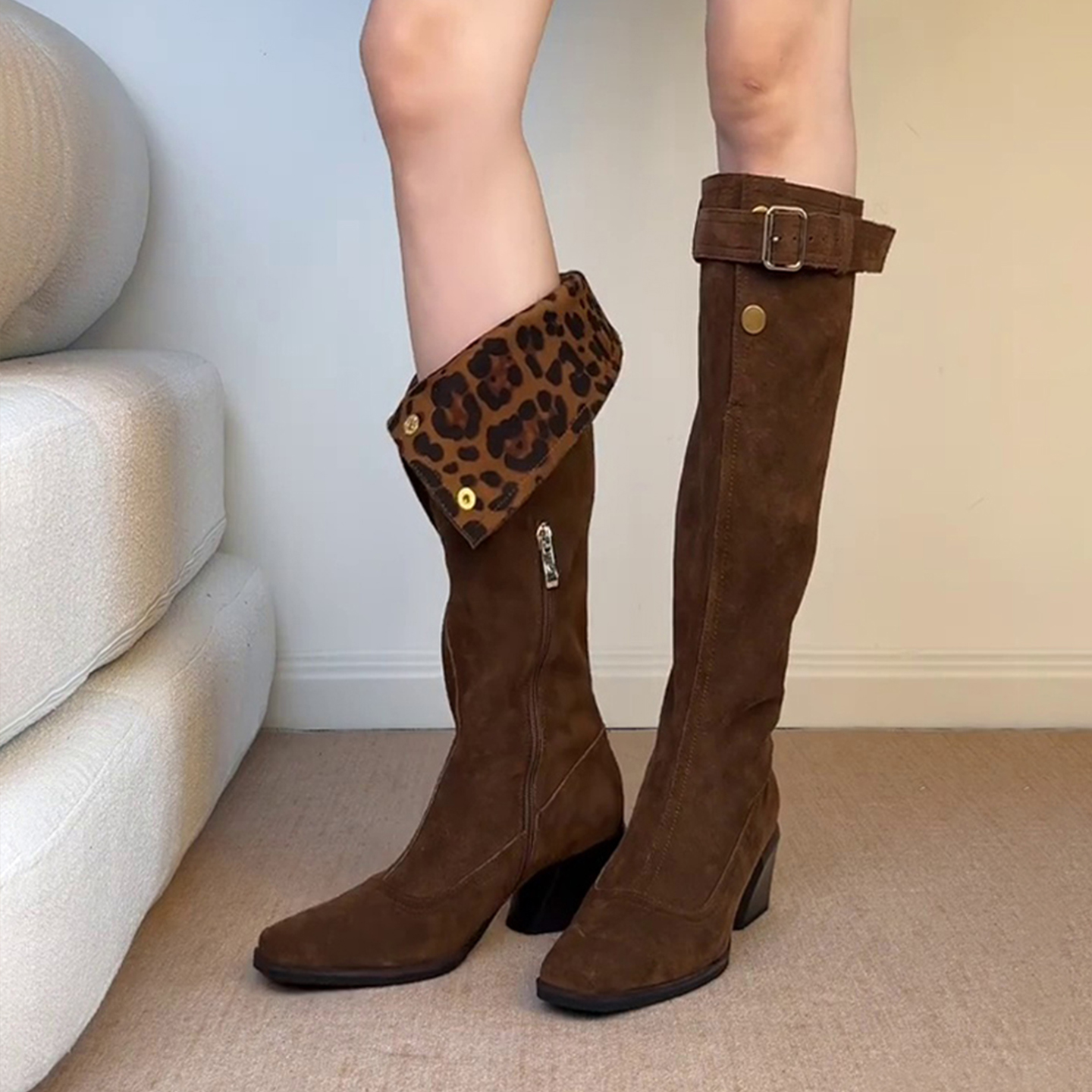 牛皮版~复古豹纹两穿高筒骑士靴皮带扣粗跟不过膝长筒靴女西部靴主图