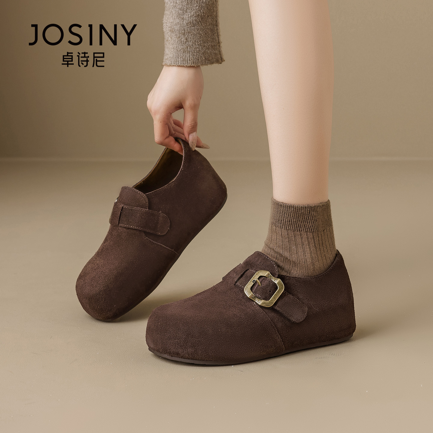 卓诗尼厚底全包勃肯鞋女2025新款秋冬单鞋复古加绒一脚蹬棉鞋鞋子主图