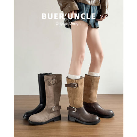 羊皮版！美拉德长筒靴女秋冬季2025新款拼色圆头复古高筒骑士长靴