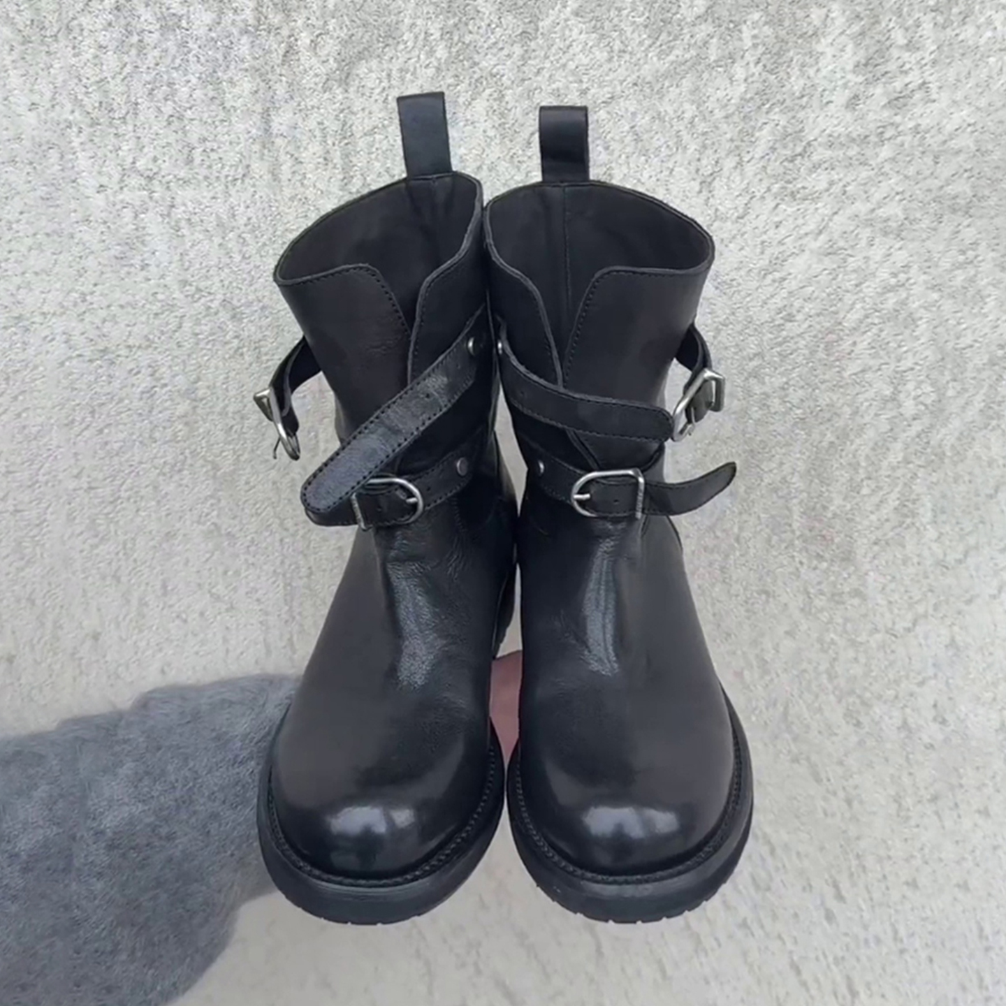 牛皮版~复古皮带扣短筒骑士靴粗跟西部牛仔靴女显瘦圆头机车短靴主图