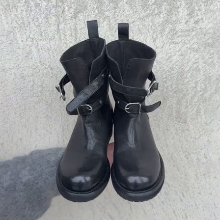 牛皮版~复古皮带扣短筒骑士靴粗跟西部牛仔靴女显瘦圆头机车短靴