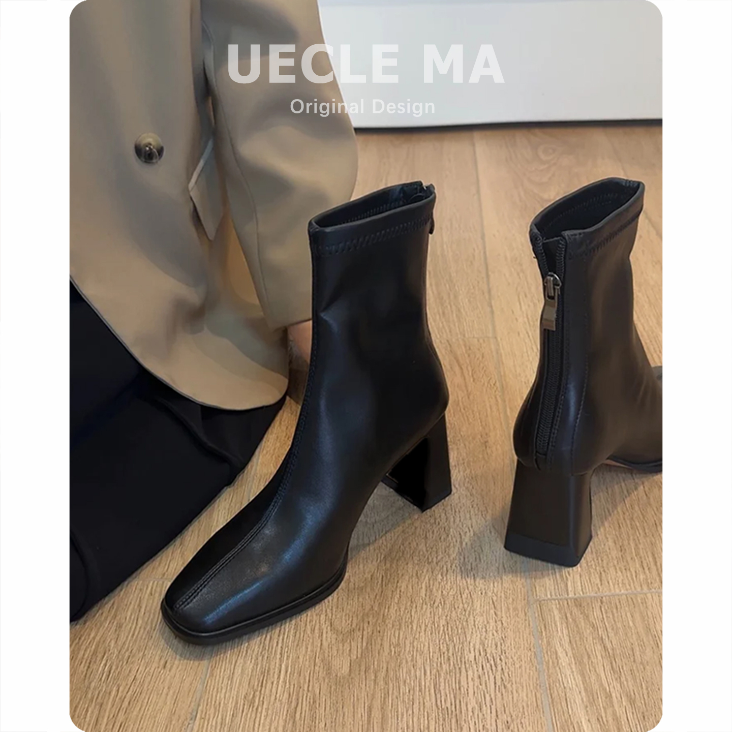 羊皮版~法式高跟瘦瘦靴女方头粗跟切尔西马丁靴子巨好看气质短靴主图