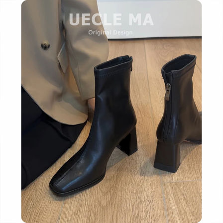 羊皮版~法式高跟瘦瘦靴女方头粗跟切尔西马丁靴子巨好看气质短靴