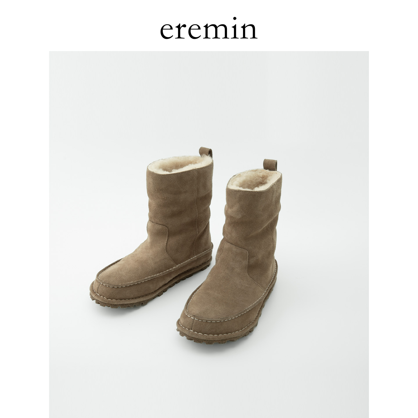 Mincollection林痣晴/中筒雪地靴/手工缝线真皮圆头牛反绒平底鞋主图