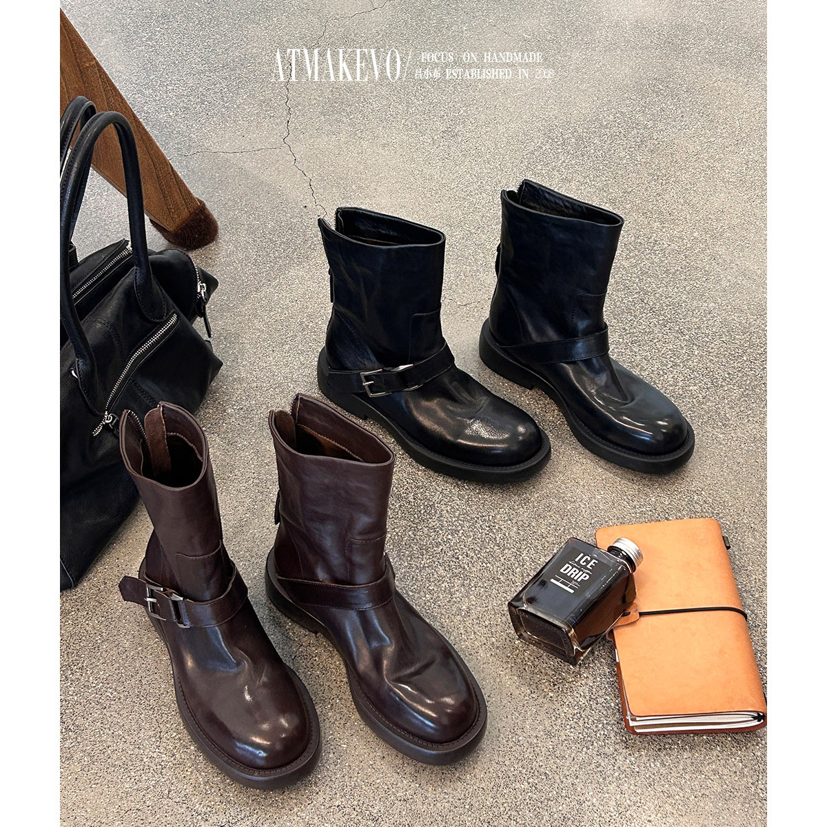 吕小布 | 水洗马丁靴女 意式手工真皮打蜡机车靴后拉链西部短靴子主图